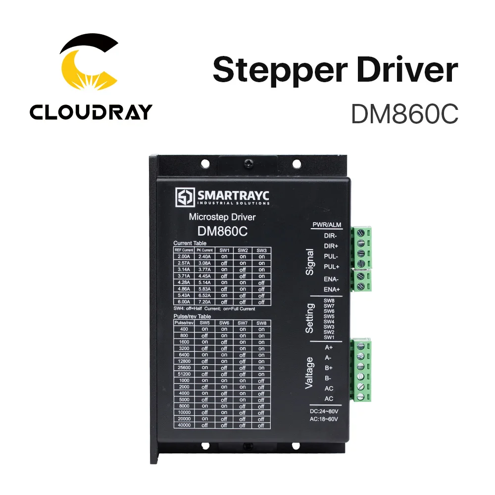 

Cloudray 2-Phase Stepper Driver DM860C Supply Voltage 18-60VAC & 24-80VDC Output 2.4-7.2A Current