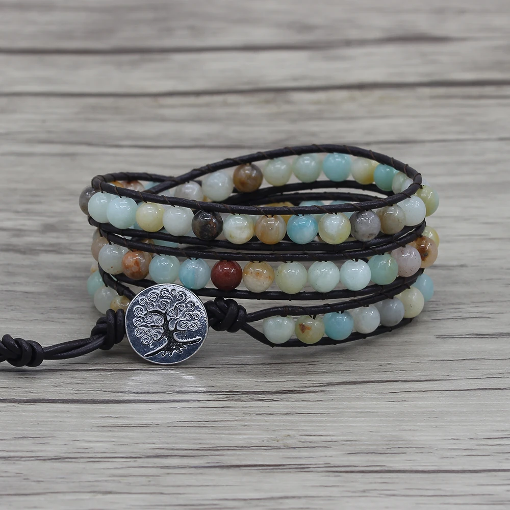 

Amazonite beads bracelet multi colors natural stone bracelet amazonite bracelet leather wraps jewelry yoga beaded dropshipping