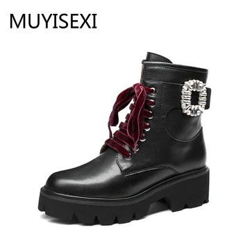 Boots Motorcycle Genuine Leather 4cm Chunky Heel Ankle Boots Round Toe Lace-Up Women Ankle Boots Black DUL04 MUYISEXI