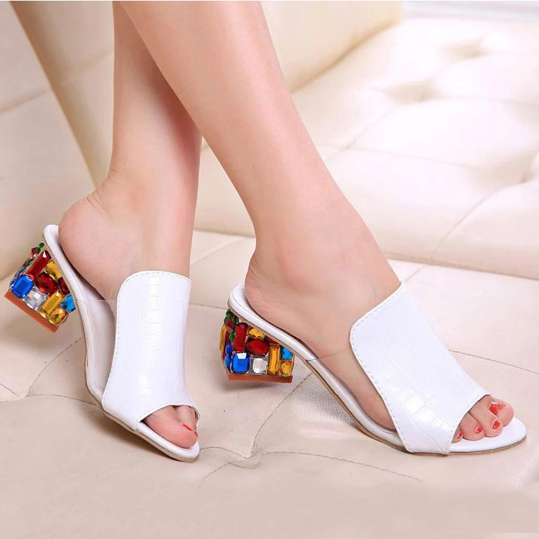 

Summer New Woman Sandals Plus Size 34-41 Colorful Rhinestone Crystals Heels Peep Toe Summer Women's Shoes Mules Woman Slippers