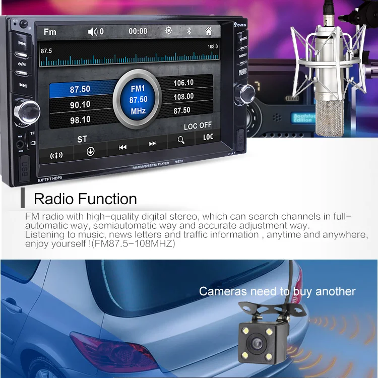 AMprmie 2 Din общие модели автомобилей 6,5 ''дюймовый ЖК сенсорный экран автомобильный Радио плеер Bluetooth аудио поддержка камеры заднего вида 7625D