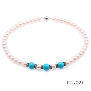 

Natural White Freshwater Pearl Necklace 45cm 8-9mm Flat Round Shape Blue Turquoises Necklace Perfect All Match Gift For Women