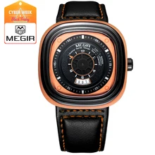 Megir Mens Montre Bracelet En Cuir Noir Cadran Carré Montres À Quartz Mode Montre-Bracelet avec Calendrier Date pour Homme Orange Bleu 2027