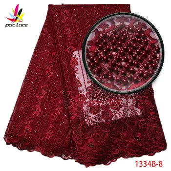 

African Lace Fabric 2018 High Quality Nigerian Lace Fabrics Wine Embroidery Tulle Lace Fabric Beads French Lace Fabric 1334B