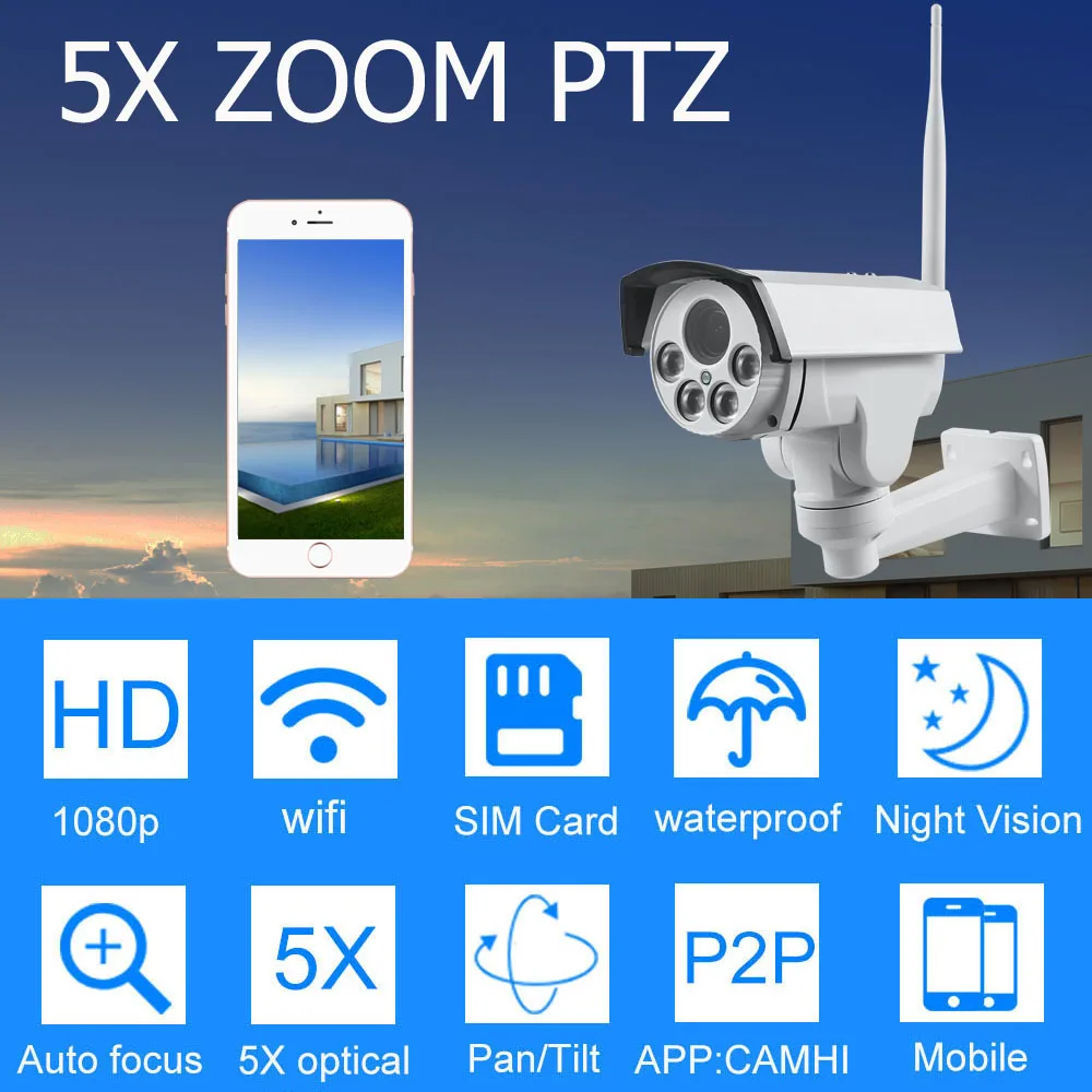 HD 1080P 3G 4G sim-карта камера Wifi наружная PTZ Bullet камера беспроводная IR 50M 5X Zoom автоматическая фокусировка CCTV Wi-Fi IP камера