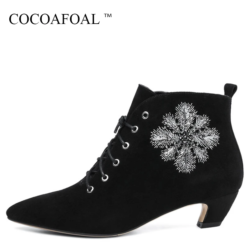 

COCOAFOAL Winter Black High Heeled Chelsea Boots Genuine Leather Lace Up Martin Boots Plus Size 33 Fashion Embroider Woman Shoes