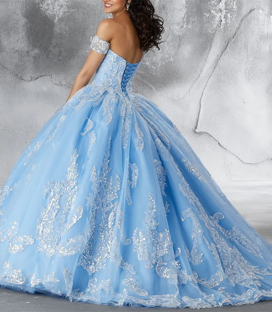 JaneVini очаровательный светильник небесно-Голубое Бальное платье бальное платье без бретелек с блестками платье-принцесса для выпускного вечера Vestidos De 15