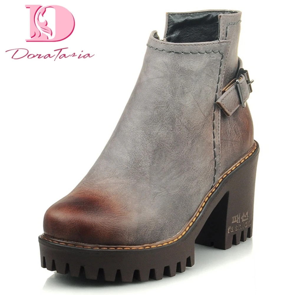 

Doratasia Retro Motorcycle Boots Women Platform Square High Heels Zipper Ankle Boots Women Shoes Woman Big Size 32-43