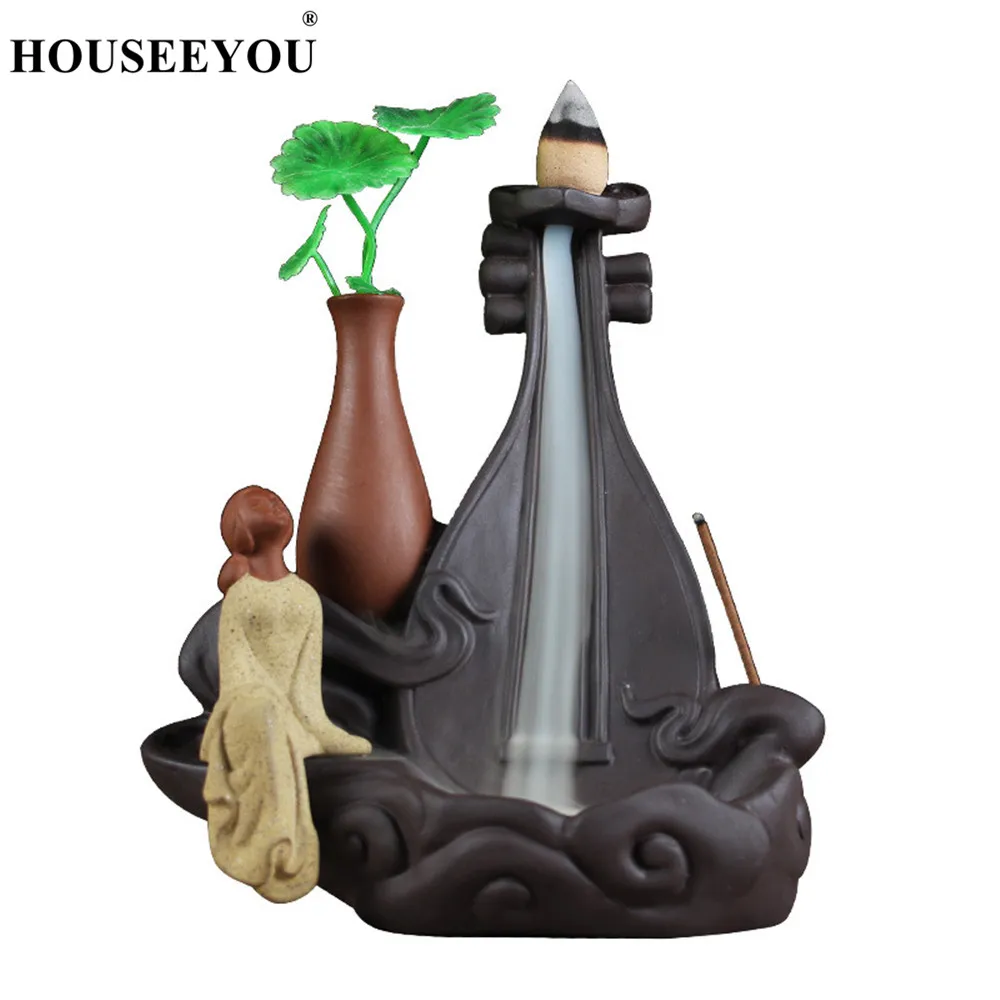 Houseeyou Lady Harp Vase Backflow Incense Burner Ceramic Stick