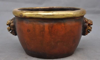 

6"Marked Old Chinese Gilt Bronze Foo Dog Head Statue pot Incense burner Censer A