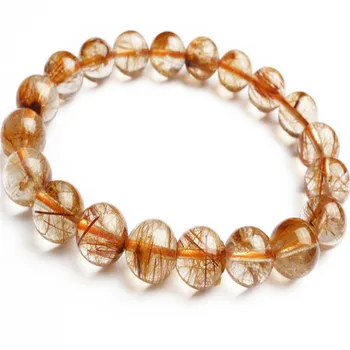 

10mm Natural Genuine Copper Hair Rutilated Quartz Bracelet For Women Femme Transparent Round Crystal Bead Stretch Charm Bracelet