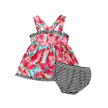 Милая одежда с арбузами для новорожденных девочек от 0 до 24 месяцев мини-платье без рукавов с открытой спиной топы, шорты в полоску шаровары, летний комплект из 2 предметов