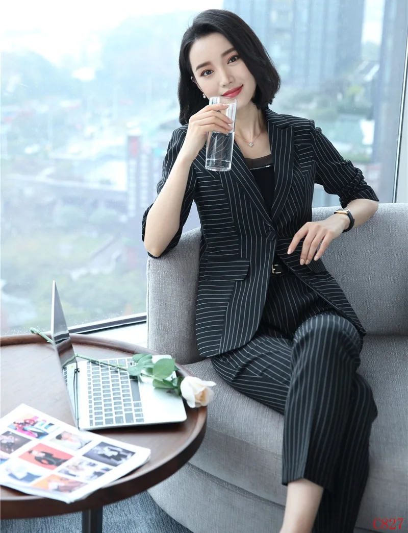 Формальные женские черные полосатые блейзеры женские деловые костюмы со штанами и курткой, комплект с коротким рукавом, Офисная форма