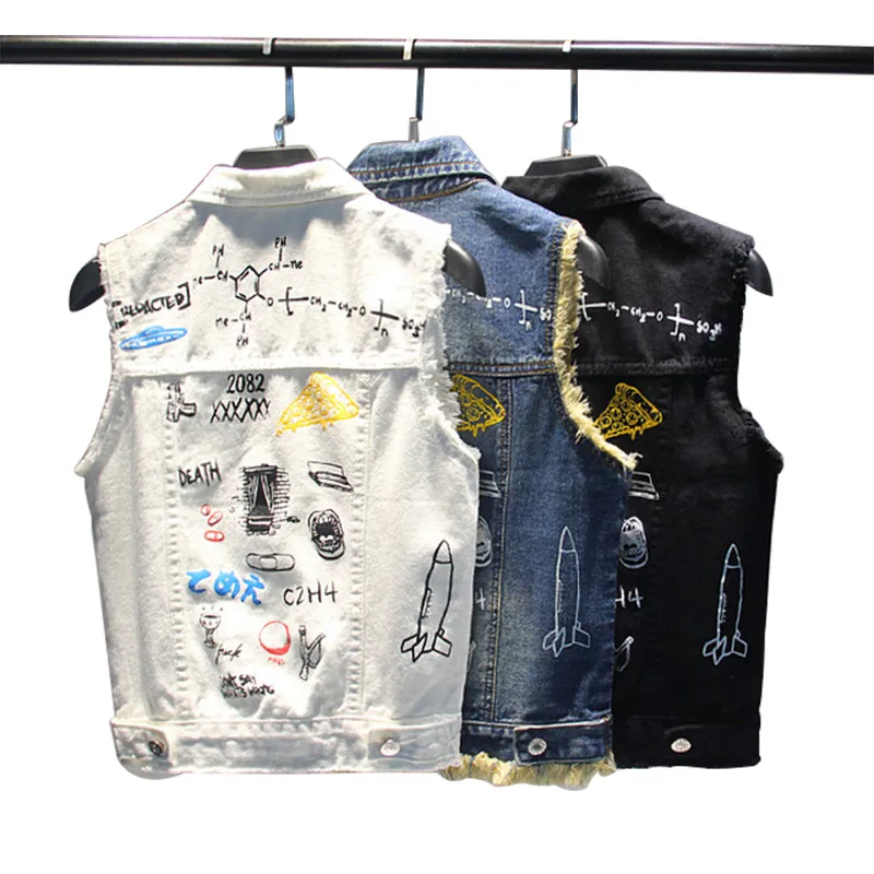

New Summer Fashion Cool Printed Denim Vest Women Cute Cartoon Veste Jeans Femme Hole Tassel Women's Sleeveless Jacket