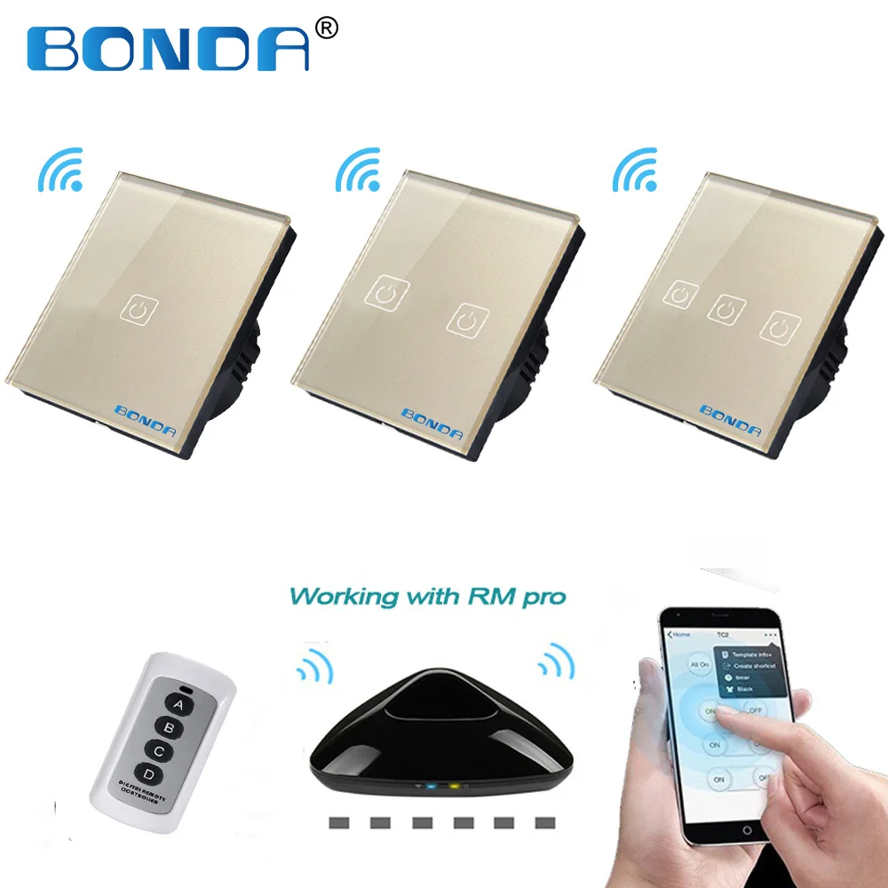 BONDA RF remote control switch EU / UK 1/2/3 Gang golden luxury tempered crystal glass panel with Broadlink rm pro APP Control