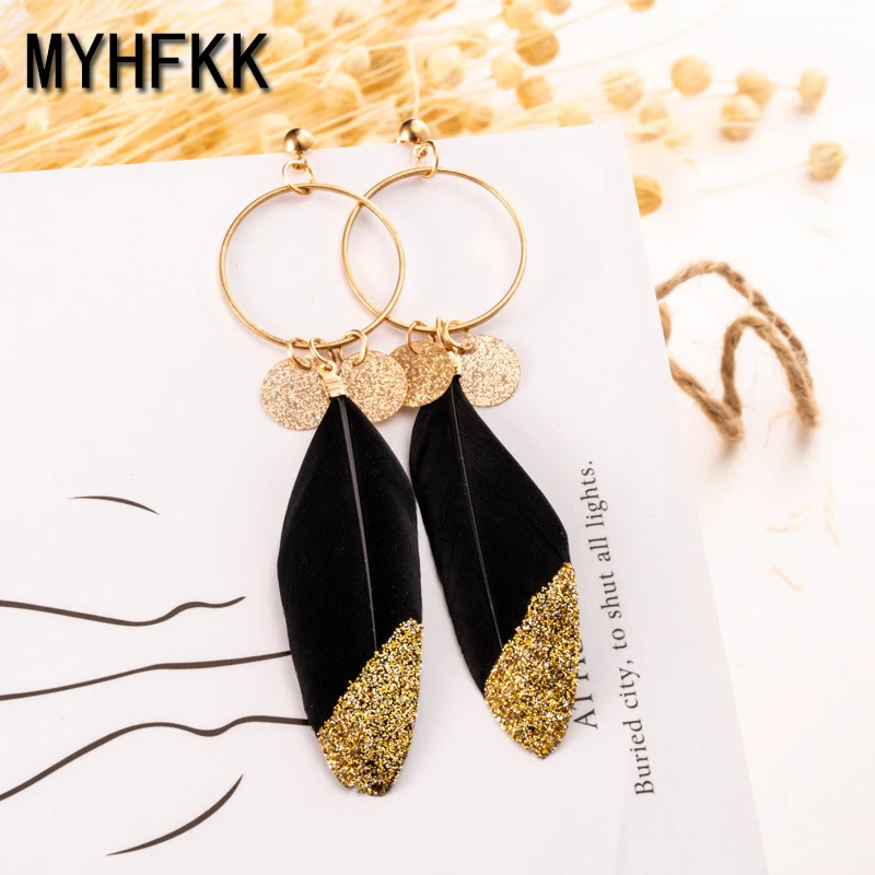 MYHFKK Ms. Fringe Pendant Long Earrings Leaf Feather Earrings Jewelry Wedding Color Feather Earrings Bridal Jewelry EH069