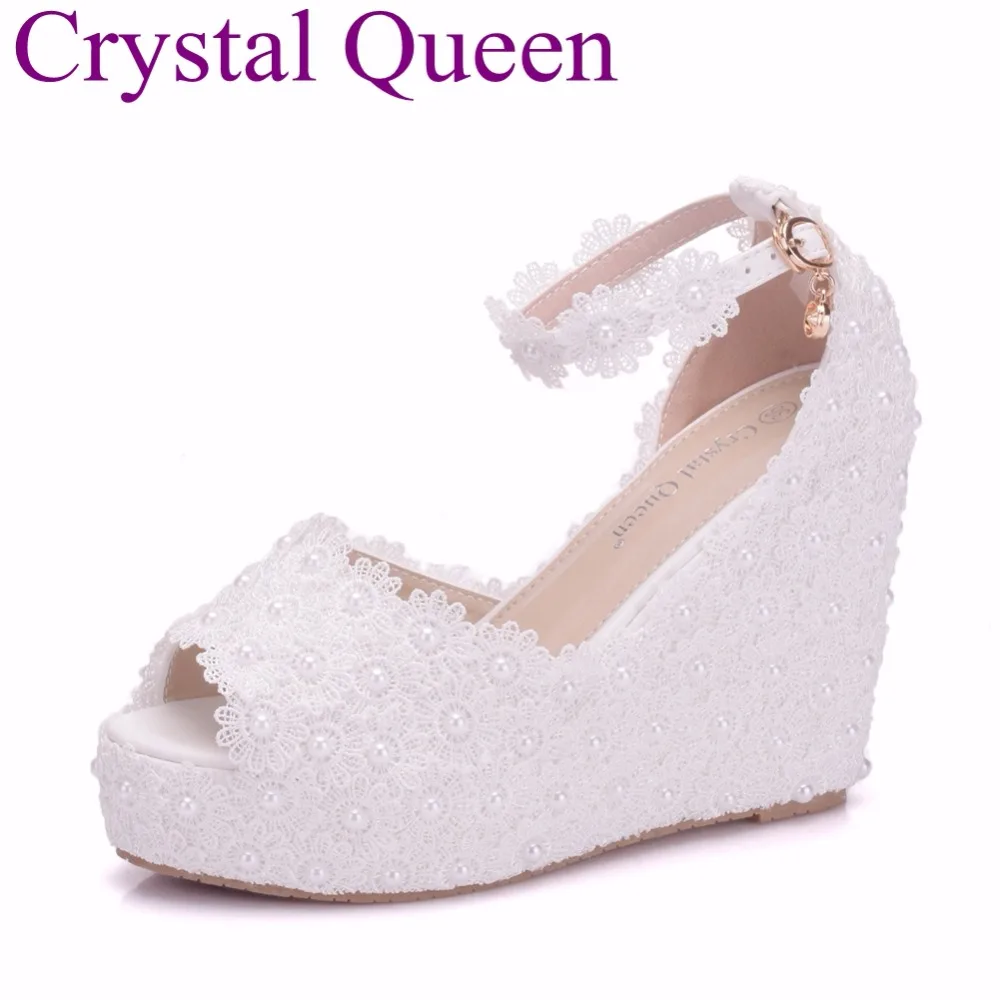 

White Lace Elegant Wedges Shoes Wedges Sandals For Women Platform High Heels Peep Toe High Heels Shoes Pearls Heel Wedges Shoes