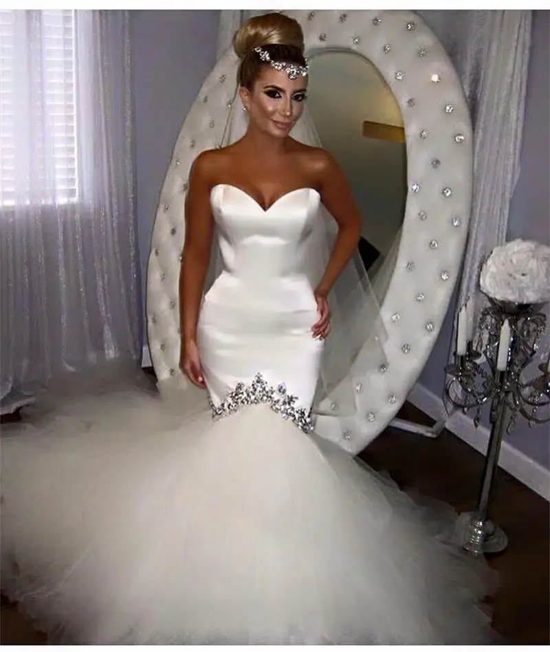2016 Sexy Robe De Mariée Sirène Sweetheart Appliques Satin,Parole Longueur Robe De Noiva Robe