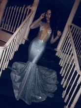 Glitter Sequins Silver Long Sleeve Prom Dresses 2019 Sexy African Deep V Neck  Black Girls Mermaid Prom Graduation Party Gowns