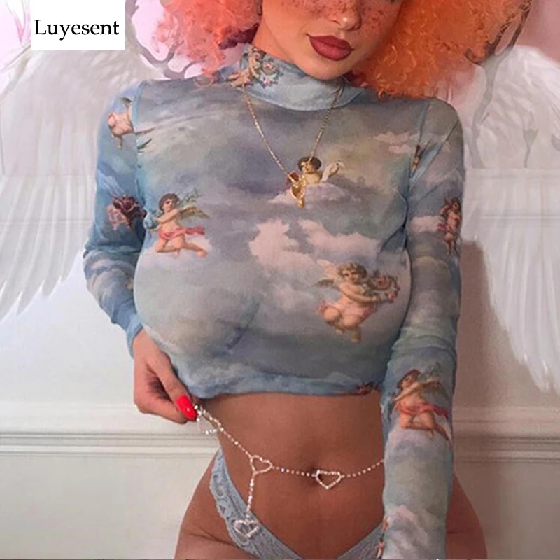 

Women Blue Angel Print Turtleneck Short Transparent T-shirts Female See Through Bodycon Long Sleeve T-shirt 2019 Basic Sexy Top