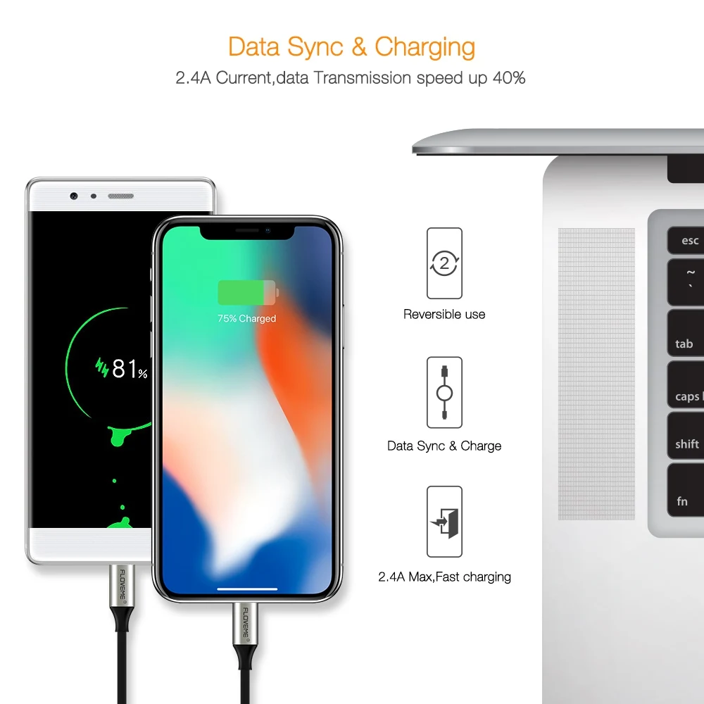 FLOVEME 2 в 1 боковой USB кабель для iPhone X 8 7 Plus 2.4A Быстрая зарядка и синхронизация данных адаптер для телефона Android Micro USB кабели