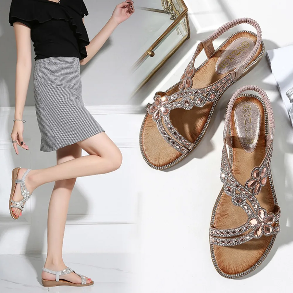 2019 Women's large size sandals bohemian flowers casual sandals rhinestone flat with fish mouth beach shoes sandals ladies 40J4 (11)