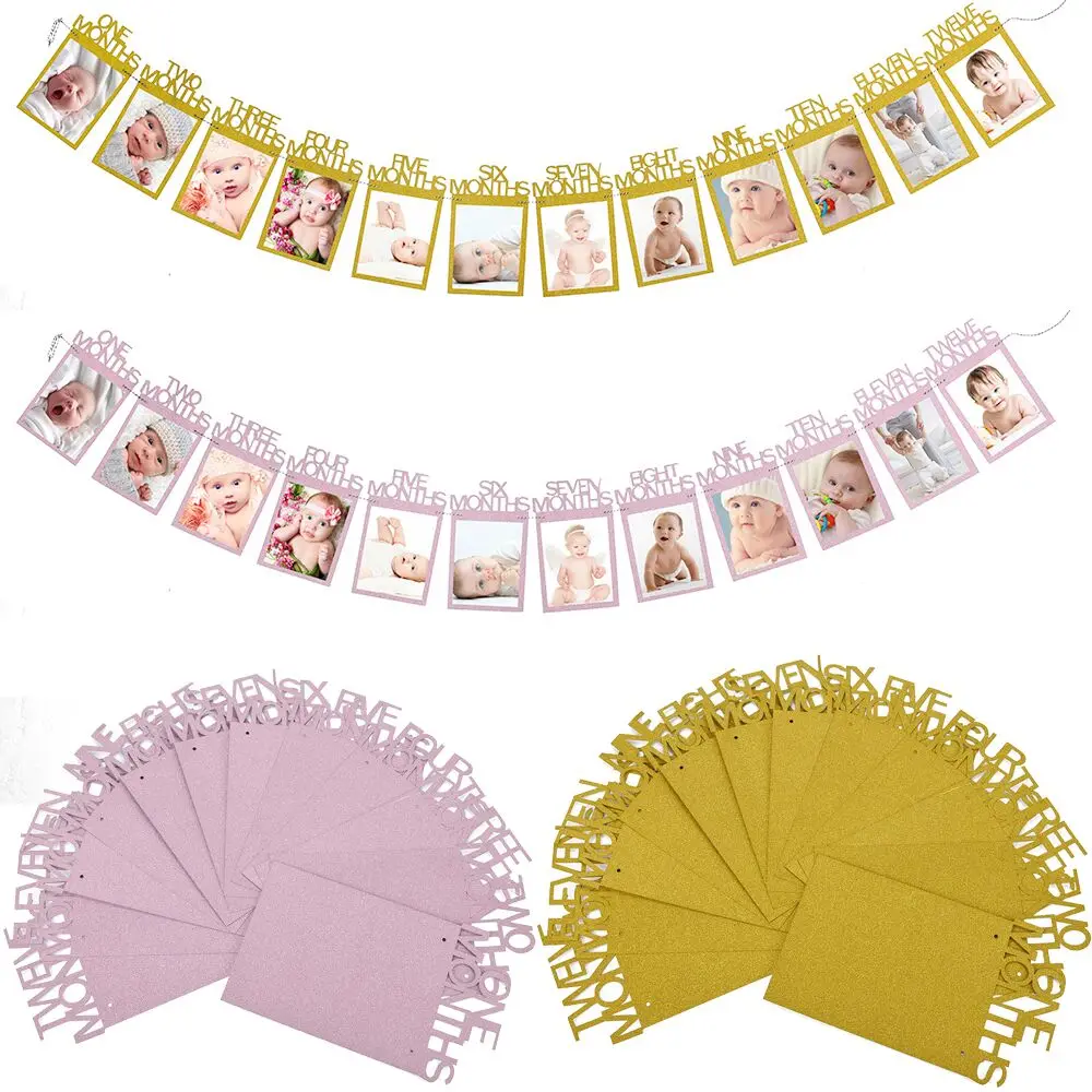 Y 12 Months Photo Frame Banner First Happy Birthday Decorations 1st Baby Boy Girl My 1 One Year Party Supplies Gold Pink Silver