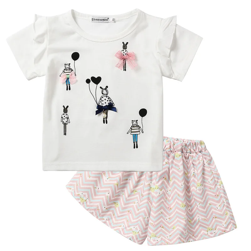 

summer Children clothing Toddler Kids Baby Girls 2Pcs Sets Clothes Top bow-knot T shirt +Short Pants Clothes suit Bebes Outfits