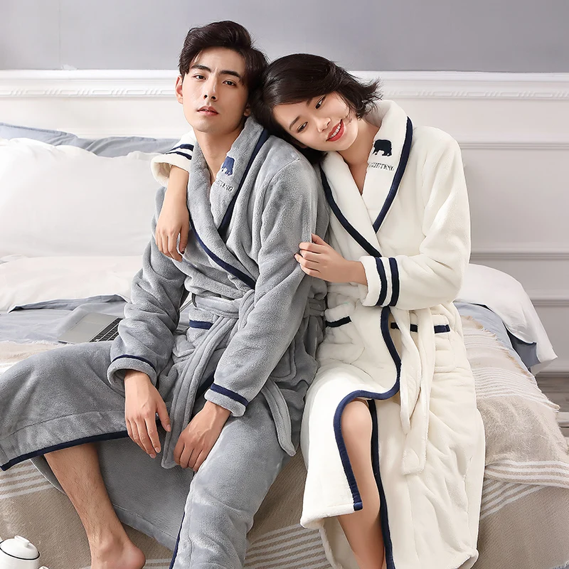

Autumn Winter Long-sleeved Lovers Robe Flannel Thickening Coral Fleece Couple Sleep&Loung Bathrobe Women Bathrobes Home Clothing