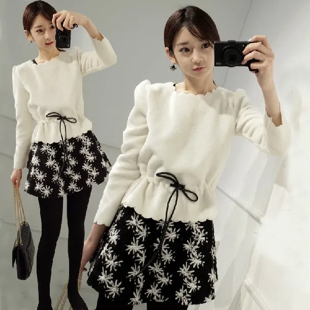 

2016 Real Dresses Autumn And Winter Small Elegant Slim Waist Top Decorative Pattern Vest One-piece Dress Twinset Female