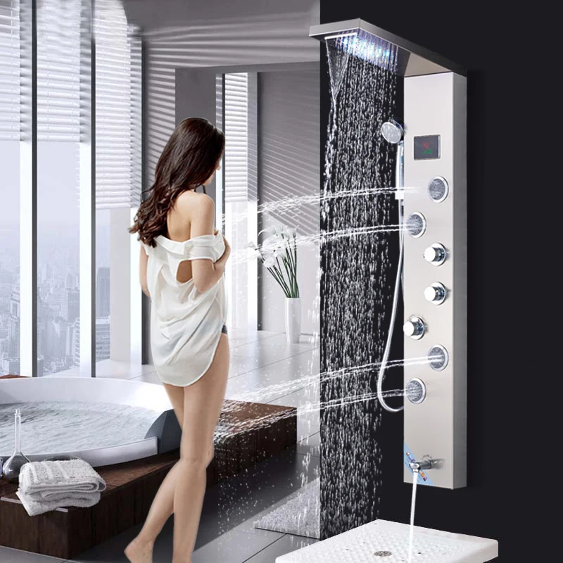 

Brushed Nickel Stainless Steel 5-function Waterfall Rain Shower Panel with Massage System Tub Spout and Handshower Shower Column