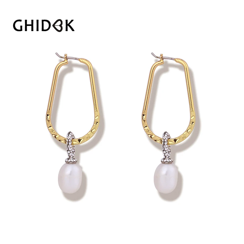 

GHIDBK Gold Color Hanging Pearls Hoop Earrings for Women Jewelry Rhinestones Big Large Earrings Geometric Metal Circle Earrings