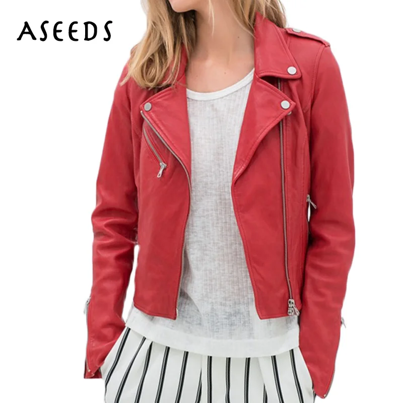 Зимнее пальто для женщин, мотоциклетная куртка из искусственной кожи, женская верхняя одежда на молнии, красная, черная, с заклепками, Женская Повседневная байкерская куртка