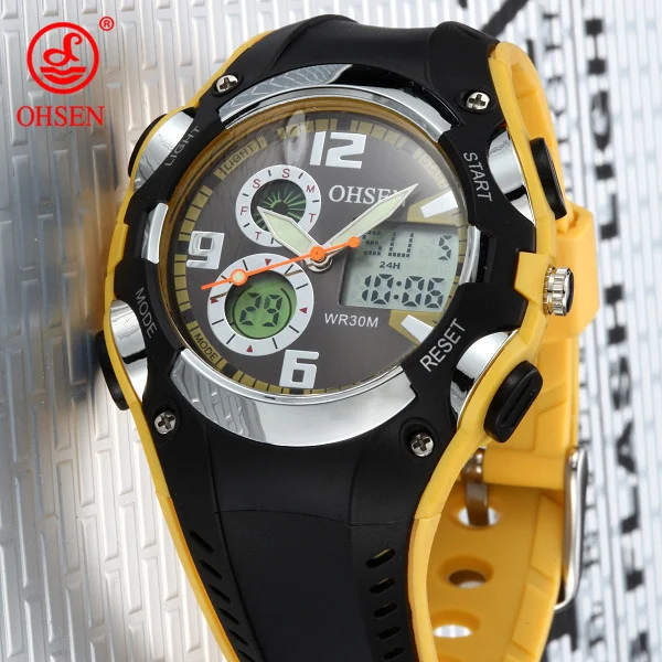 Бренд OHSEN, Кварцевые спортивные часы, наручные часы для детей, для мальчиков, подарок для детей, водонепроницаемые светодиодные спортивные часы с силиконовым ремешком, модные часы - Цвет: Yellow with Wisdom