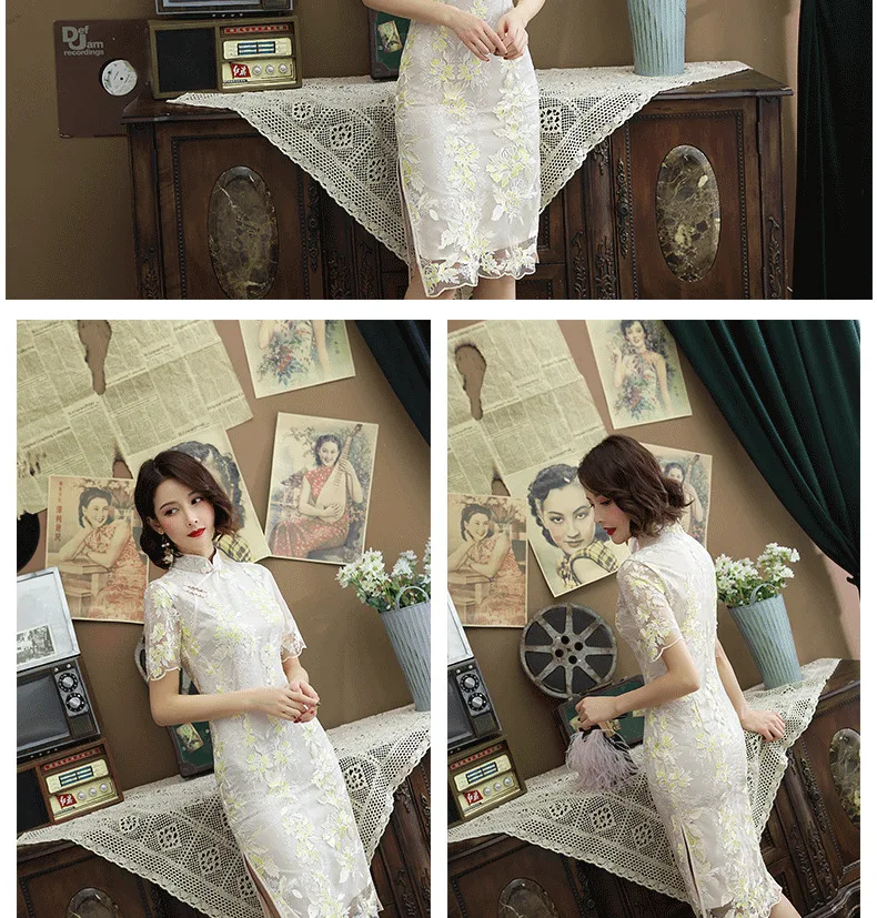 Новый кружево вышивка Cheongsam Длинные Модные Qipao Chinoise Femme Повседневное платье китайское традиционное костюмы Белый вечернее