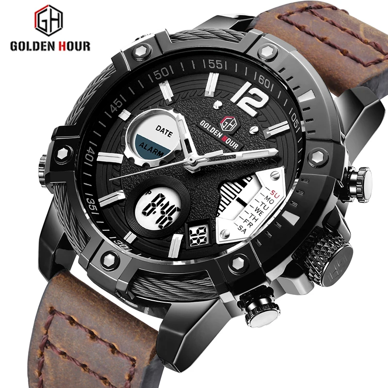 Relógio de Pulso de Quartzo de Couro à Prova Militares da Marca de Luxo Goldenhour Masculino Dwaterproof Água Digital Relógios Masculinos Led