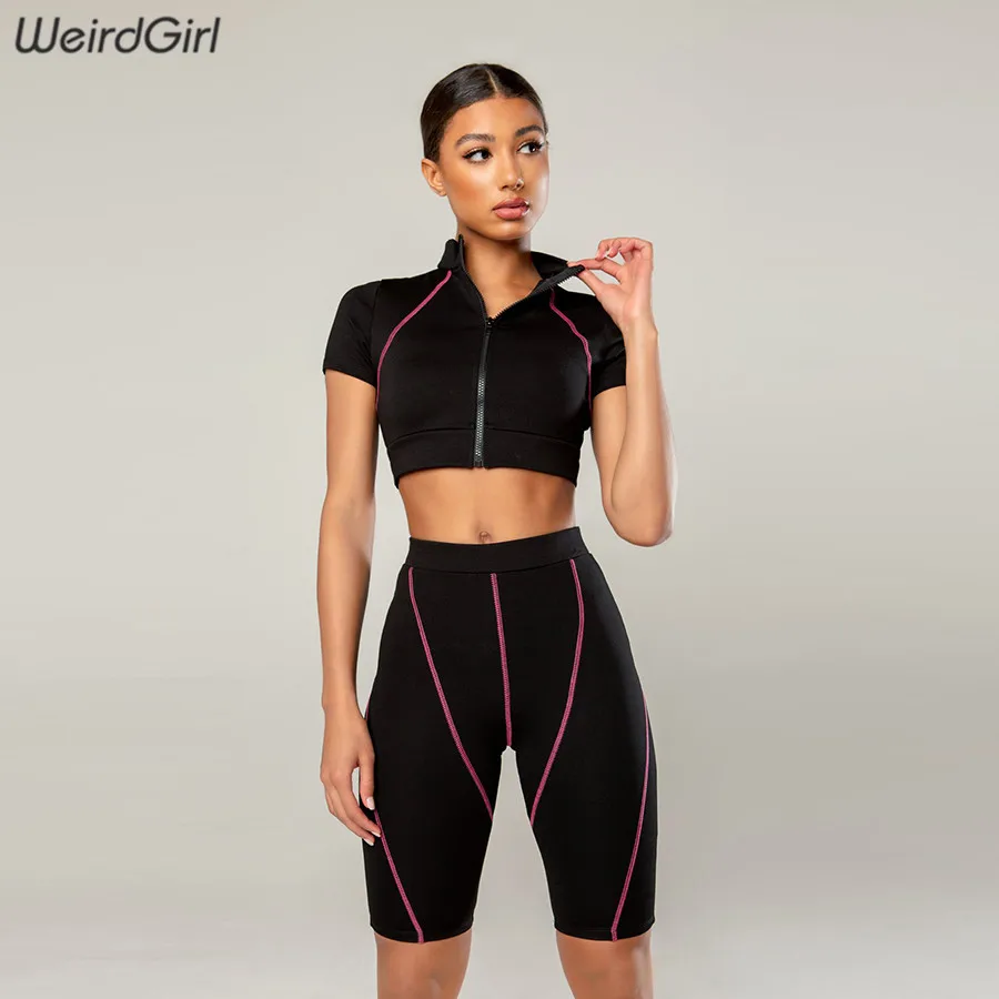 

Weirdgirl Women Basic Elastic Slim Fitness wear two pieces sets new popular zipper turtleneck tops T-shirt Sports leggings new