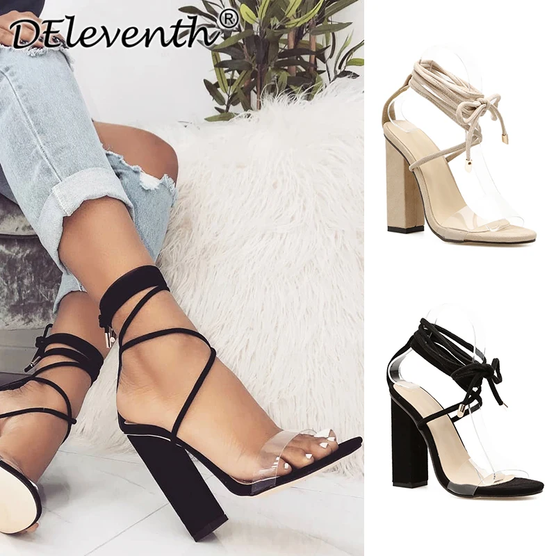 

DEleventh Women Shoes Flock Gladiator Sandals Woman Summer Lace Up Transparent PVC Sandals Square Heels Summer Ladies Party Shoe