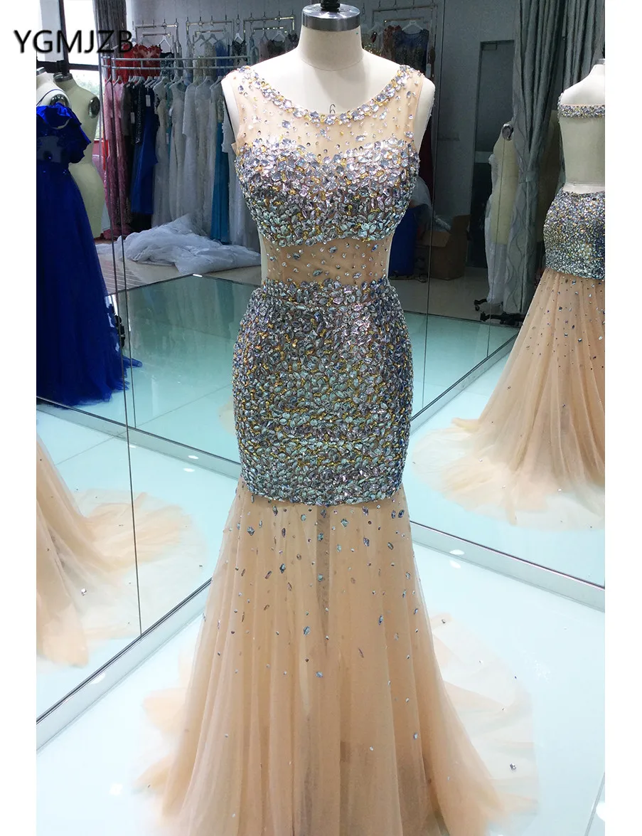 

Luxury Backless Prom Dresses Mermaid 2018 Sheer Scoop Crystal Beaded Floor Length Gold Women Long Formal Evening Party Gowns