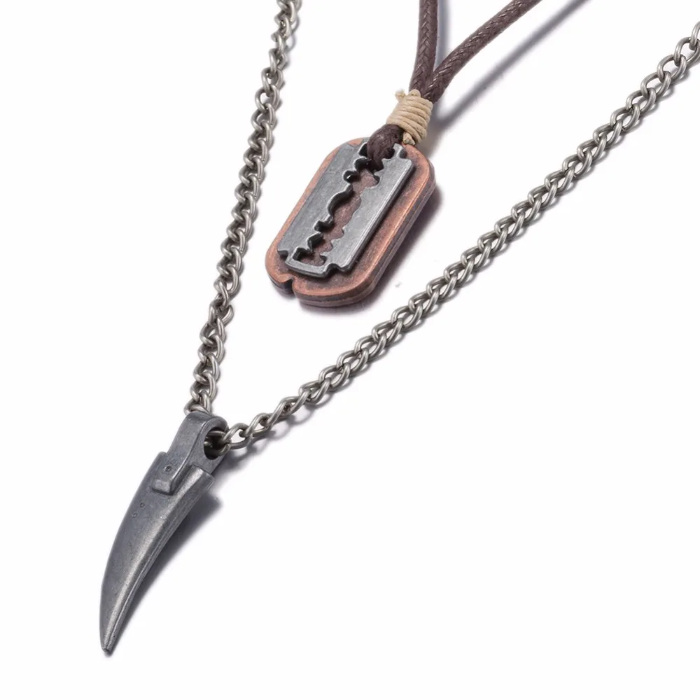 Vintage Mens Necklace Alloy Animal Wolf Tooth Razor Blade Pendants Necklace Multilayer Metal Chain Choker Male Punk Jewelry