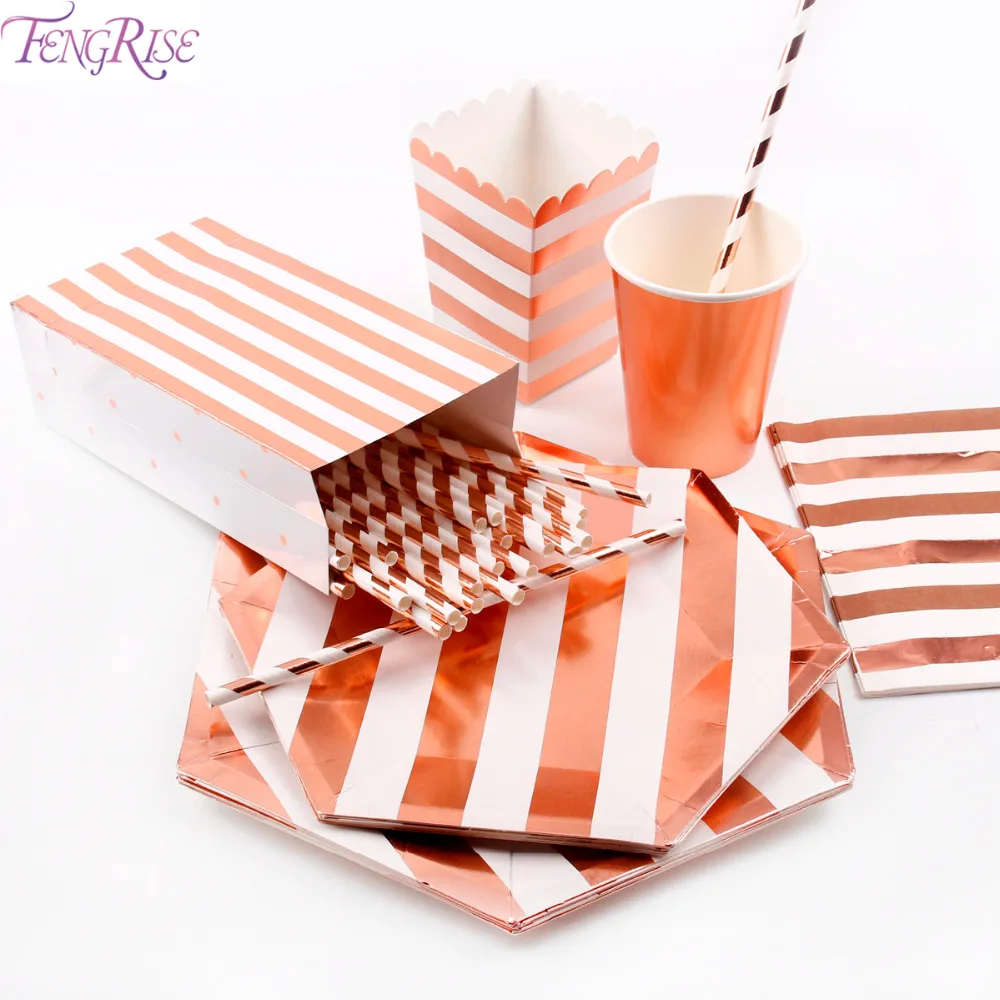 FENGRISE Rose Gold Paper Straws Paper Plate Napkins Cups Straws Table