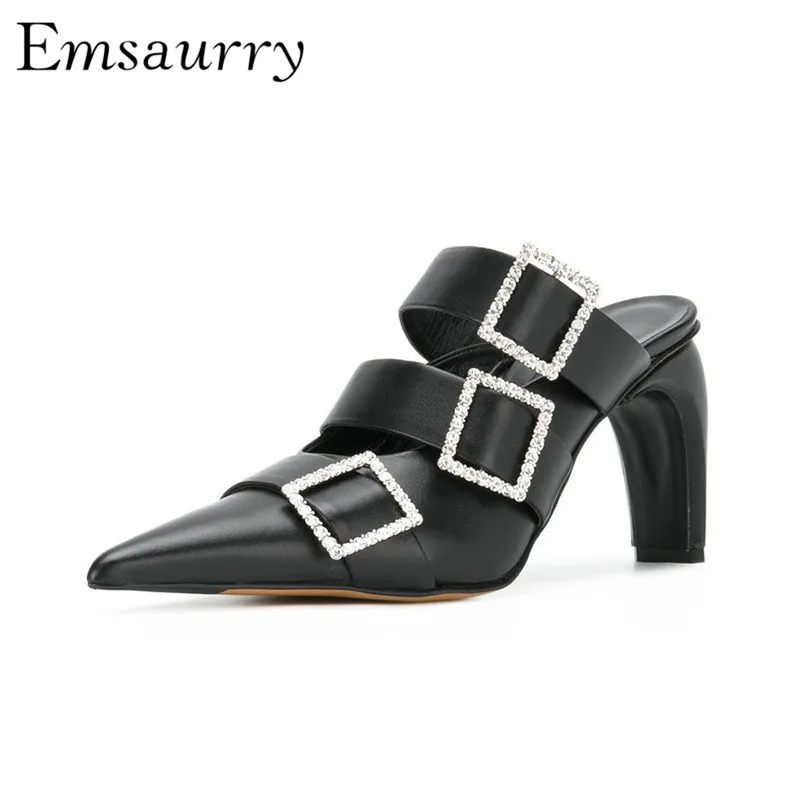 

Slippers Women Sexy Pointed Toes Quality Black Leather Strange Curving Heel Cut Out Buckle Crystal Shoes Woman