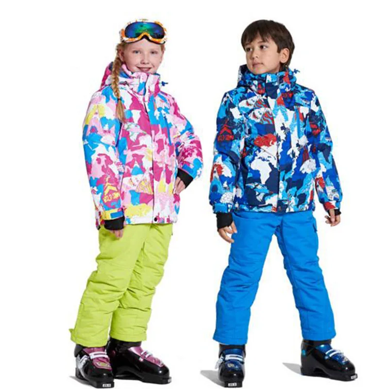 

Boys girls Ski Sets one set Waterproof Windproof Kids Ski Jacket + pants Children Outdoor Warm Hooded Snowboard Sports Suits