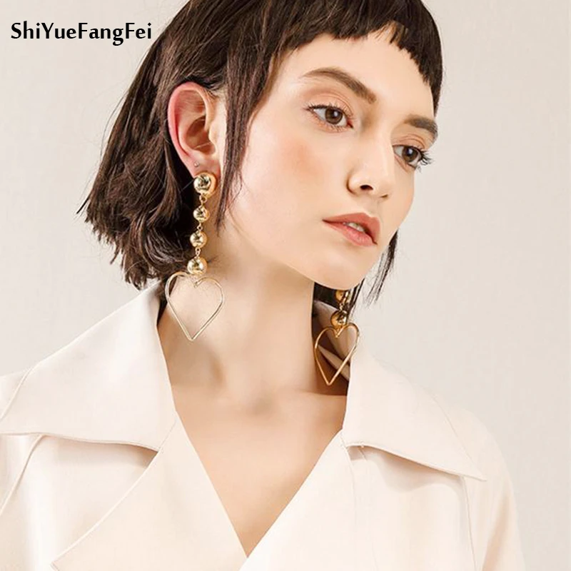 

Love Heart Long Jewelry Geometric Big Heart Earrings Gold color Stainless steel Long Drop Earrings For Women Earings Jewelry