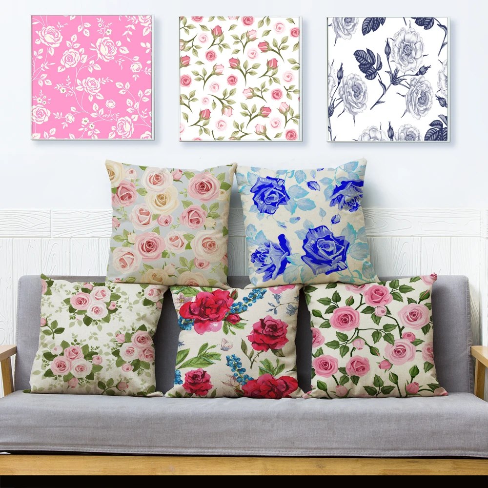 

Nordic Style Pink Rose Flower Decor Plant Floral Pillow Case 45x45cm Cartoon Print Cushion Cover Linen Pillowcases for Sofa Home