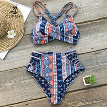 CUPSHE Boho Print Cross Front Push Up Bikini Sets Women Lace up Strappy Two Pieces Swimsuits 2020 Girl Sexy Swimwear
