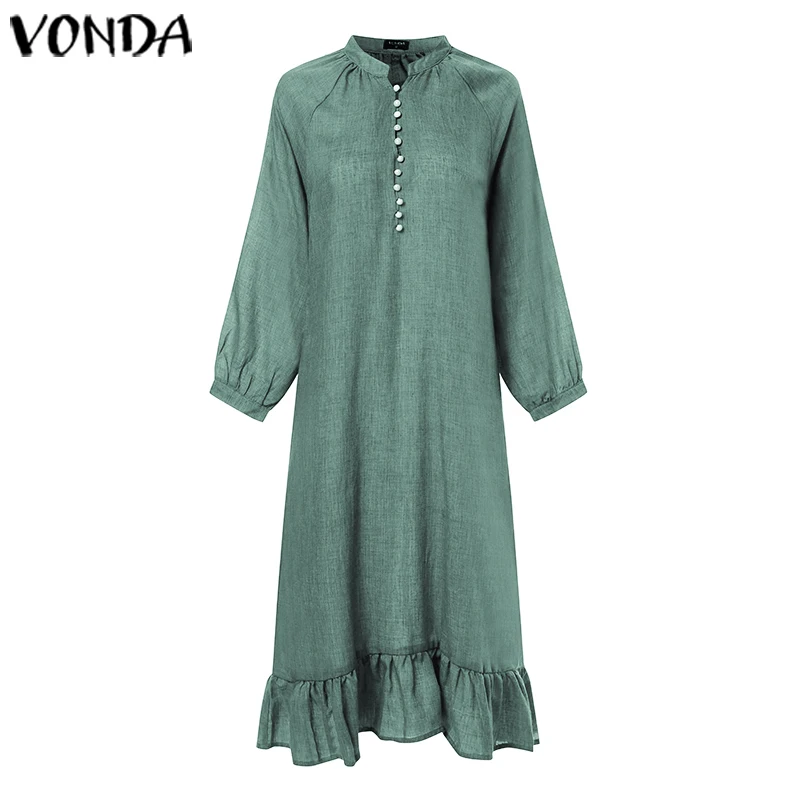 VONDA женское платье повседневное свободное платье на пуговицах с длинным рукавом-фонариком Vestidos офисное женское платье-рубашка осеннее платье Femme Большие размеры - Цвет: Green