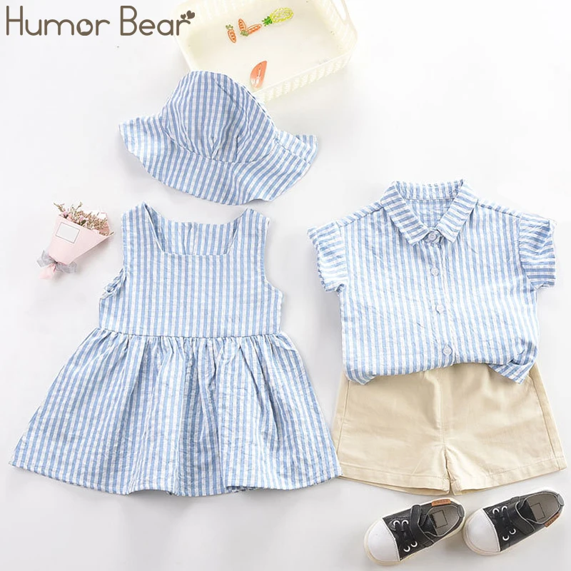 

Humor Bear New Kids Clothes Fresh Striped Girls Clothes Set Twins Toddler Baby Clothes Hat Dress Girls & Boys Summer Clothing