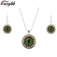 Fashion Animals necklace earring Cover Green Cat’s Eye Clock Watch Necklaces Steampunk Pendant Wholesale Jewelry sets