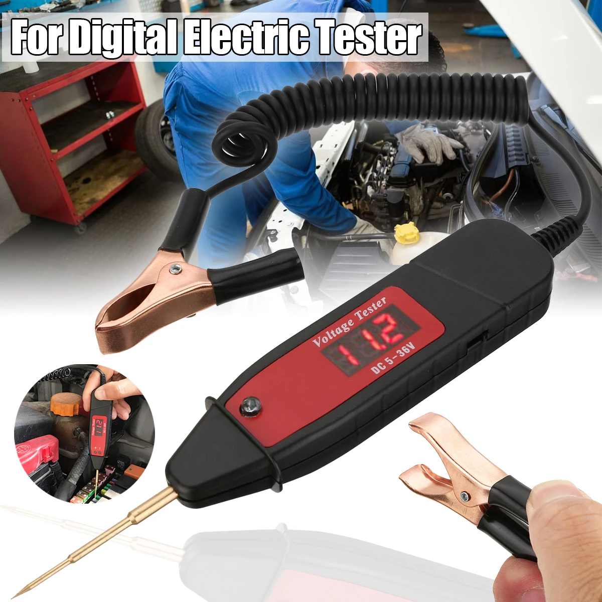 Car Voltage Measuring Tool 1pc Digital LCD Electric Voltage Test Pen Probe Detector Tester LED Light 1.65m Extended Spring Line
